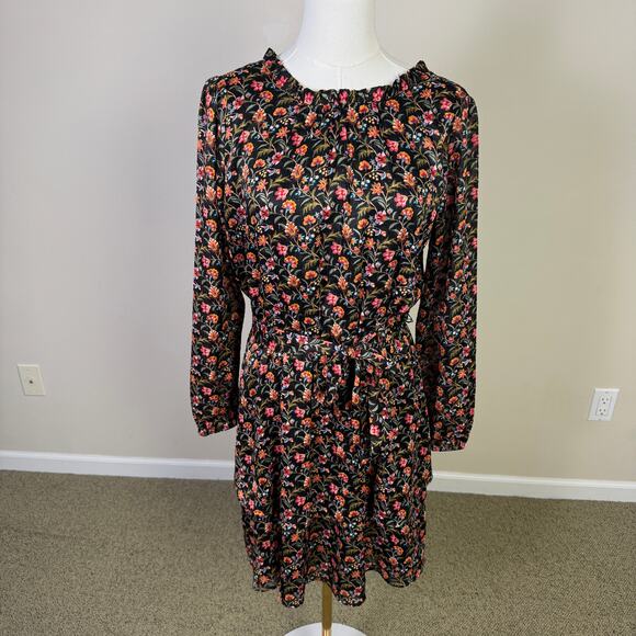 Loft Black Shimmer Floral Ruffle Flare Mini Dress US Womens S Petite New - Picture 2 of 7